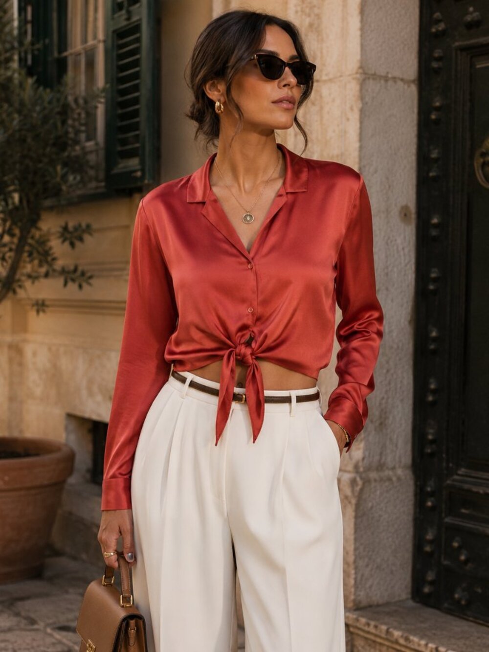 Wilfred by Aritzia Satin Rust-Red Tie-Front Blouse